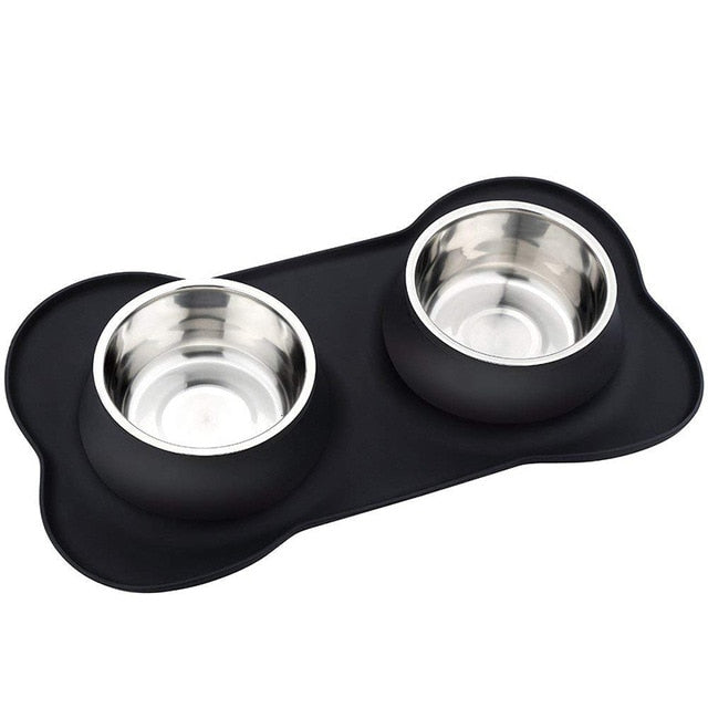 Nobby Magnetic Mat with 2 Dog Bowls - Black - Stainless Steel